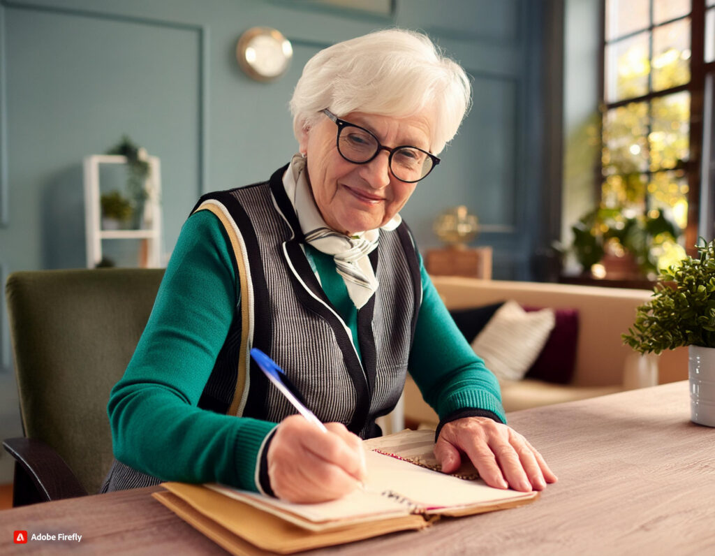 femme agée mais élégante qui écrit à un bureau pour planifier sa succession