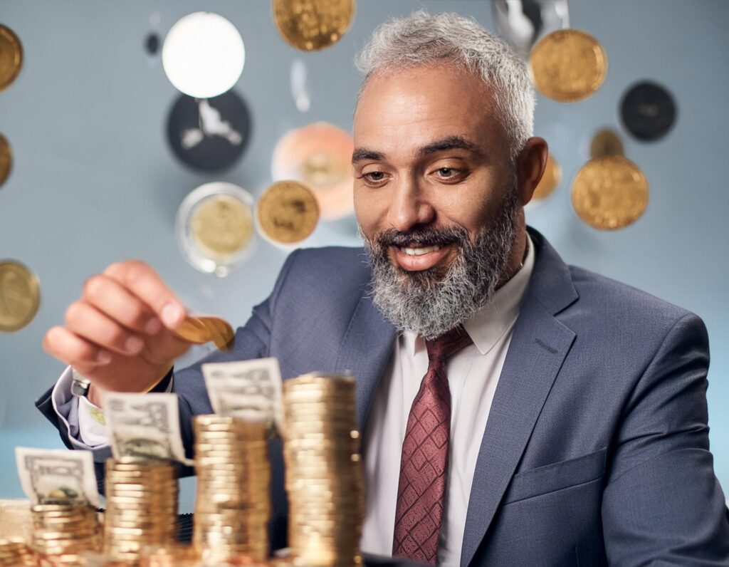 businessman, en costume cravate avec barbe blanche qui gère ses finance