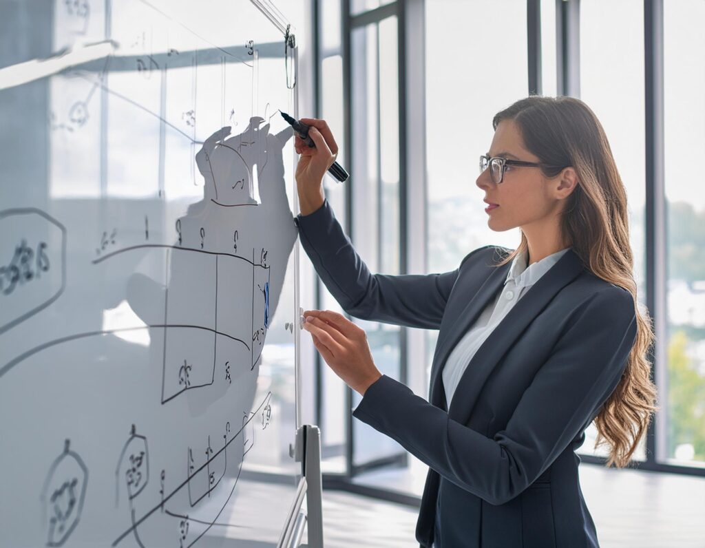 Une femme est sur un tableau blanc pour ajuster son plan financier