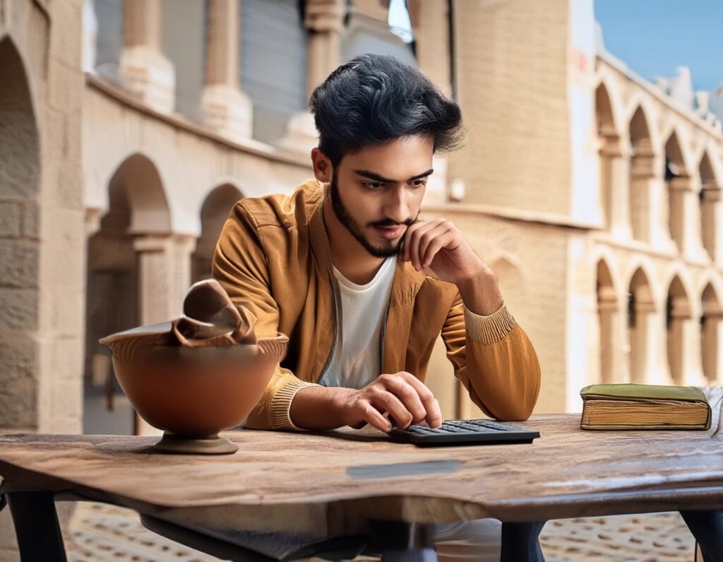 a young man is on a table, calculating and thinking about the future 45155