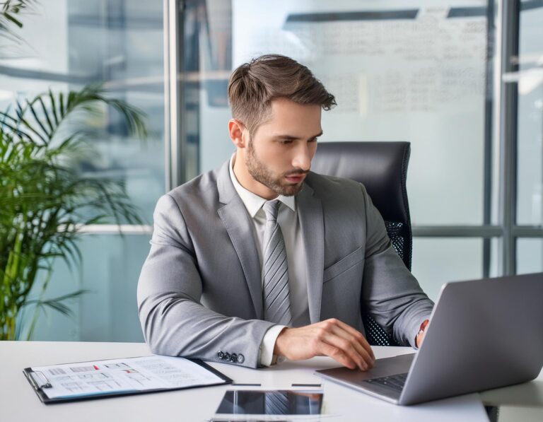 homme assis à son bureau, en costume gris, travaille sur des projets pour ptimiser son plan financier