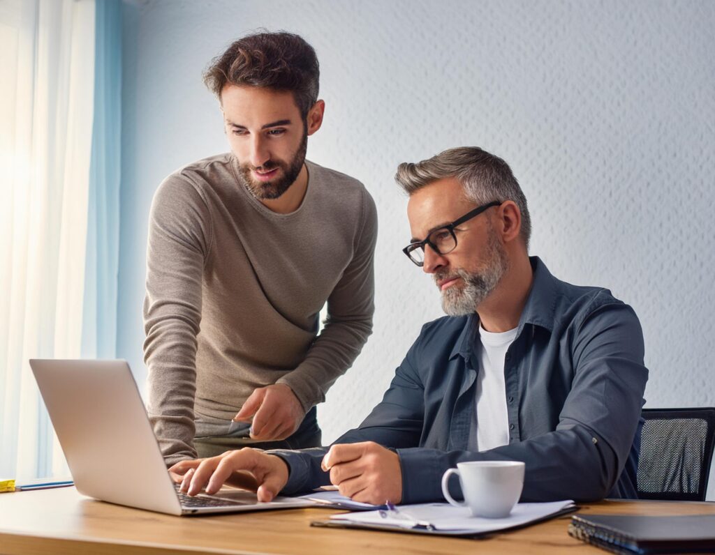 un jeune homme et son père travaillent sur un bureau pour acquérir les bases de la gestion budgétaire
